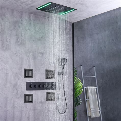 20 Wall Mounted Led Thermostatic Shower System With Waterfall Rain And 4 Body Jets Bathroom