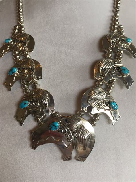 Navajo Sterling Silver Turquoise Bear Fetish Squash Blossom Style