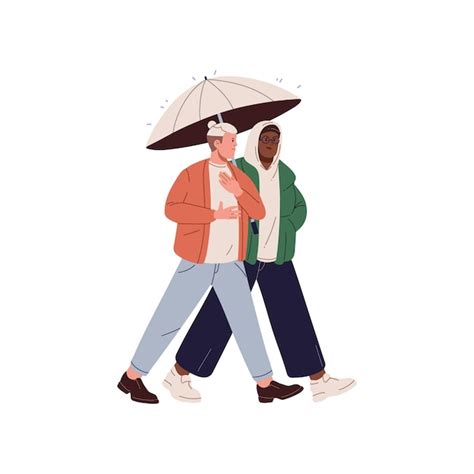 Premium Vector Happy Guys Walking With Umbrella In Rainy Weather