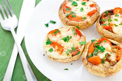 Mushrooms Stuffed With Mozzarella And Tomato Stock Image Image Of