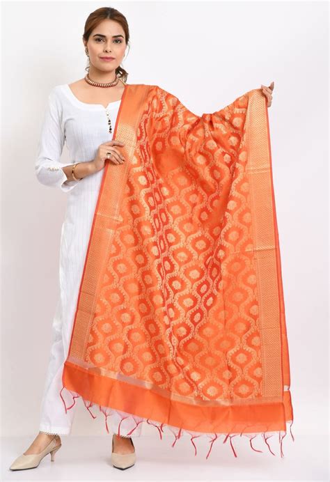 Womens Banarsi Silk All Over Woven Design Orange Dupatta Moeza