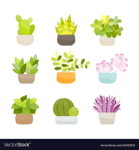 Collection Small Green Bushes Potted Plants Vector Image