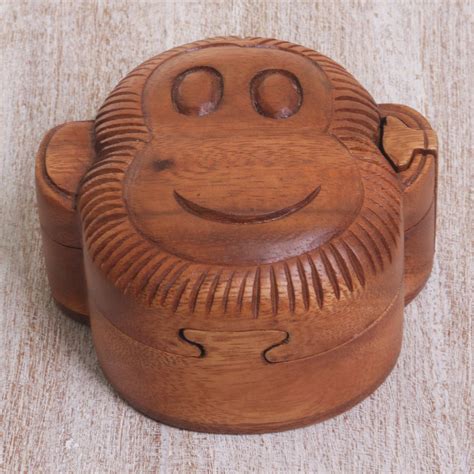 Hand Made Wood Puzzle Box Monkey Face from Indonesia - Happy Monkey | NOVICA