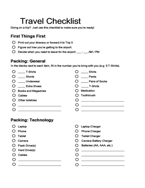 Sample Template For Travel Checklist Free Download