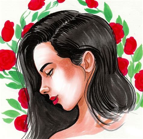 Hermosa Mujer Y Rosas Rojas Dibujo A Tinta Y Acuarela Foto Premium