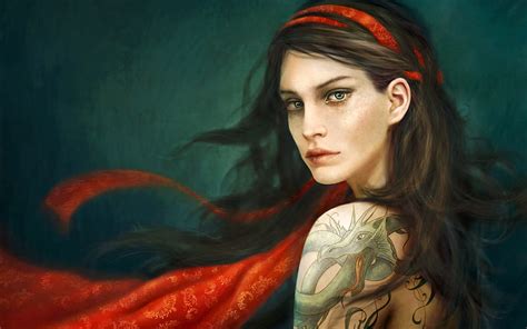 Tattoo Mystery Red Cg Bonito Woman Dragon Green Background Hair Fantasy Hd Wallpaper