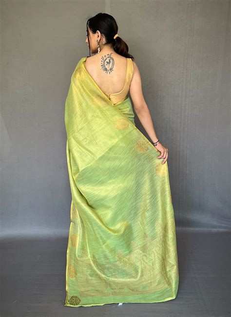 Shop Light Green Tissue Silk Jacquard Zari Woven Work Saree Festive