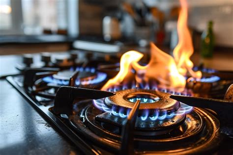 Premium Photo Two Burning Gas Burners On Kitchen Gas Stove With Flames Created With Generative