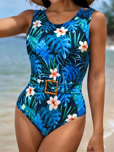 Shein Tropical Print Belted One Piece Swimsuit Shein Usa