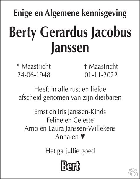 Berty Gerardus Jacobus Janssen 01 11 2022 Overlijdensbericht En