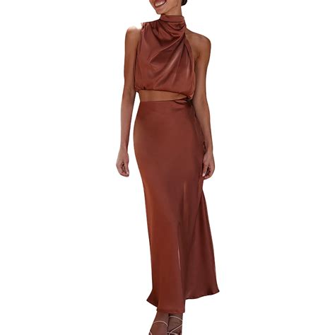 skirt set formal satin neck sleeveless solid flowy maxi tank top