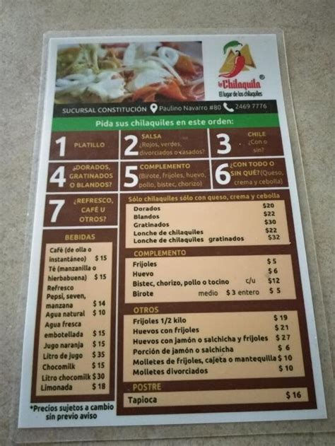 Carta del restaurante Chilaquiles La Chilaquila sucursal Constitución