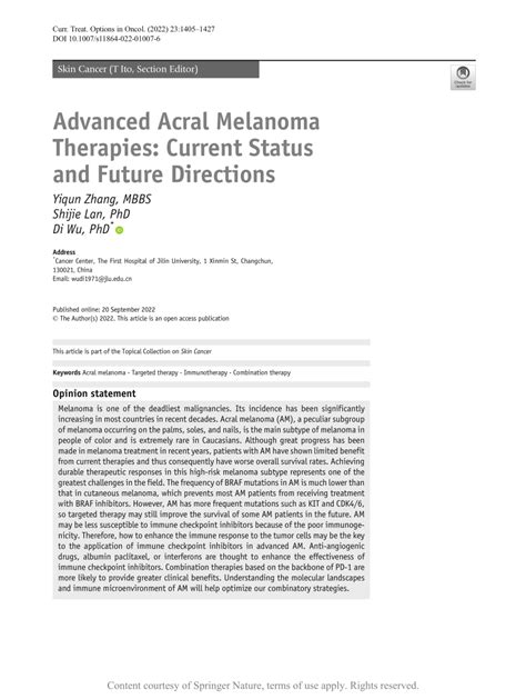 Pdf Advanced Acral Melanoma Therapies Current Status And Future