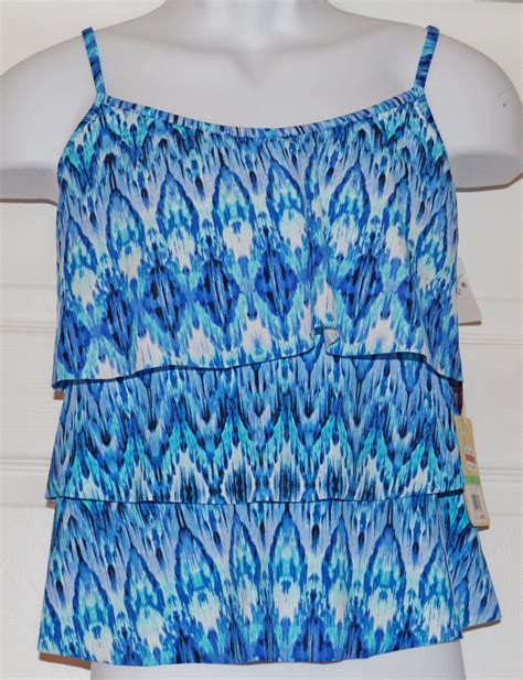 Caribbean Joe Tiered Ruffle Allover Print Tankini Top Sz 8 Blue K13 Ebay