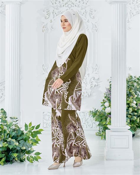 Baju Kurung Moden Batik Sultanah Seri Pagi Olive Green Kualiti Designer Harga Luarbiasa