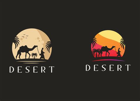 Arabian Logo Caravan Camels In Desert Dunes On Beige Color Gold Sand