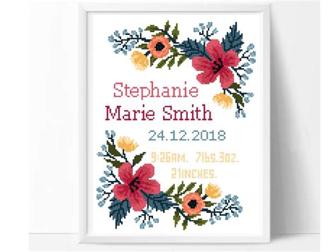 Floral Birth Announcement Cross Stitch Pattern Modern Flower Wreath