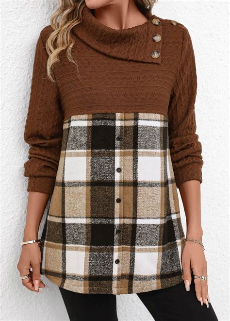 Rotita Patchwork Plaid Dark Coffee Asymmetrical Neck Long Sleeve