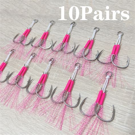 Pairs Metal Jig Assist Hook Pink Double Hooks Thread Feather High