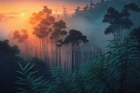 Bamboo Forest With Misty Sunrise Sky View From Above Stock Illustration Illustration Of