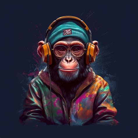 Premium AI Image Illustration Monkey Headphones Paint On Colorful