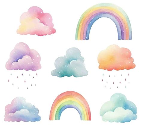 Set Of Watercolor Rainbow Clouds Fantasy Pastel Color Vector Nursery