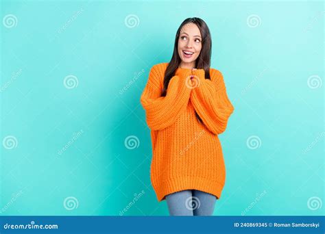 Photo Of Impressed Mature Brunette Lady Look Empty Space Wear Orange