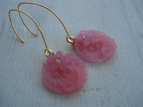 Vintage Pink Crystal Molded Japan Glass Gold Earrings Floral Rose