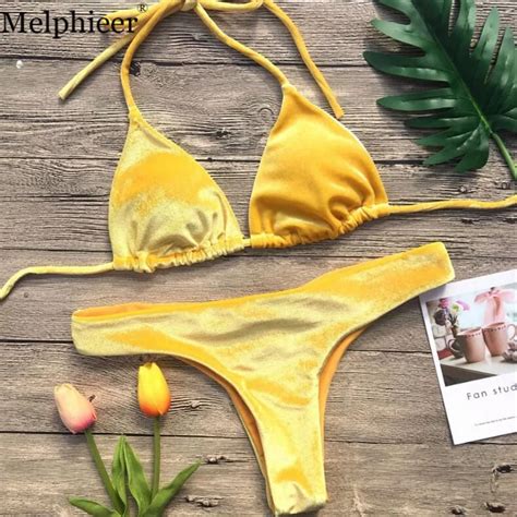 Lady S Sexi Velvet Bikini Brazilian Yellow Swimsuit Halter Biquini