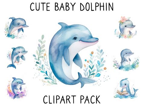 Cute Baby Dolphin Watercolor Clipart Animal Bundle Doodle - Etsy