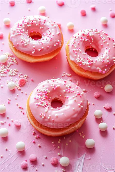 Pink Frosted Donuts Sprinkled With White Nonpareils On A Pastel Pink