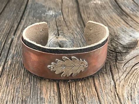 Fold Formed Copper Bracelet Cuff With Silver Oak Leaf And Etsy