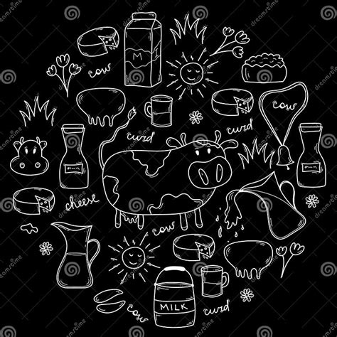 Doodle Set Of Milk And Dairy Products In Circle Hand Drawn Farm Food