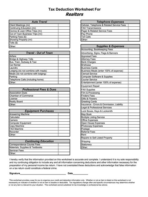 Printable Real Estate Agent Tax Deductions Worksheets Printable