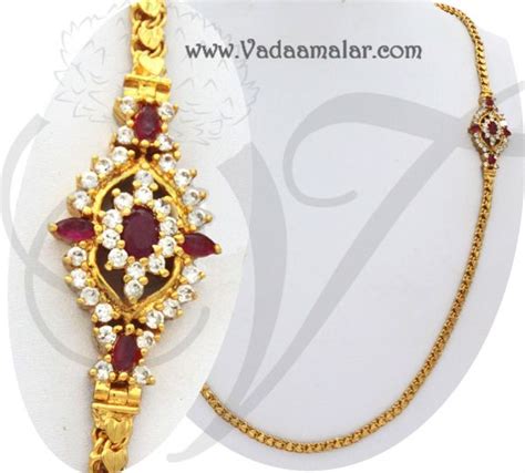 Traditional India Long Chain White And Ruby Stone Mugappu Side Pendants