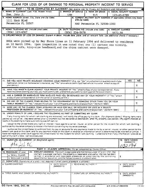 Sample Dd Form Claim For Loss Of Or Damage To Personal Property