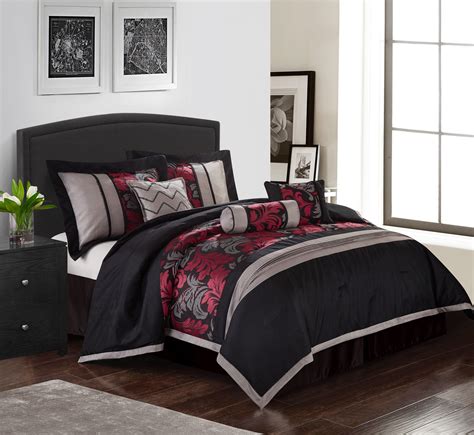 Nanshing 7 Piece Luxury Bedding Set Black Red Queen Size