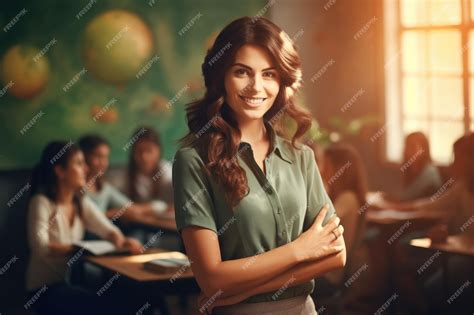 Premium Ai Image Beautiful Female Teacher Smiling In The Classroom