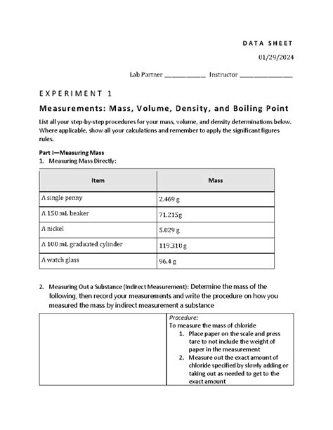 Chm1045l Exp 1 Data Sheet D A T A S H E E T Name Emmanuel Jackson