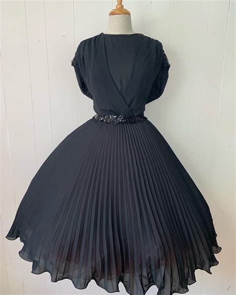 Vintage Micro Pleated Midi Dress 1980s 80s Black Pleated Midi Dress