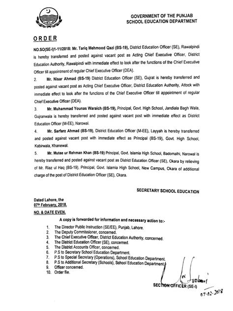 TRANSFER AND POSTING OF CEO DEO IN PUNJAB SCHOOL EDUCATION DEPARTMENT