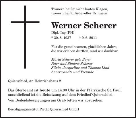 Traueranzeigen Von Werner Scherer Saarbruecker Zeitung Trauer De