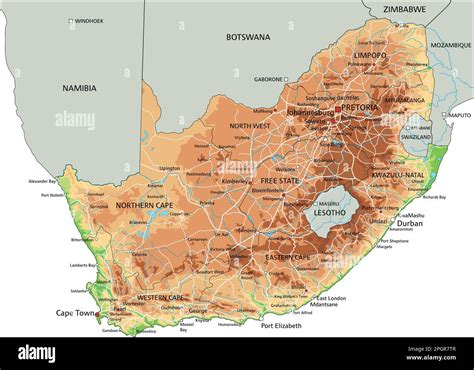 High Detailed South Africa Physical Map With Labeling Stock Vector