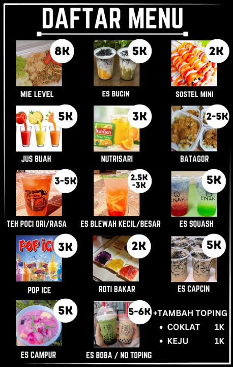 cetak daftar menu usaha jualan camilan minuman rumah makan cafe