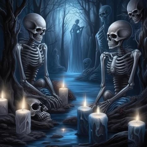 Premium AI Image A Painting Of Skeletons In A Dark Forest With Candles