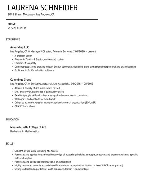 Actuarial Resume Samples | Velvet Jobs