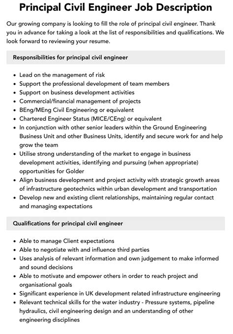 Principal Civil Engineer Job Description Velvet Jobs