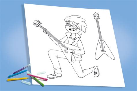 Coloriage Guitariste avec sa guitare électrique à imprimer