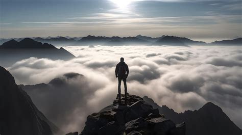 Person über den wolken auf dem berggipfel steht und auf das