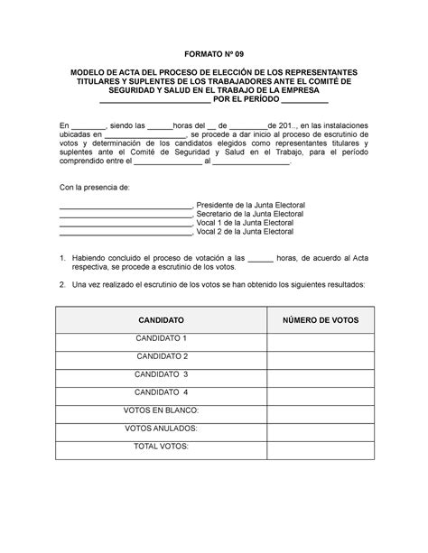 Acta Comite Formato Nº 09 Modelo De Acta Del Proceso De ElecciÓn De